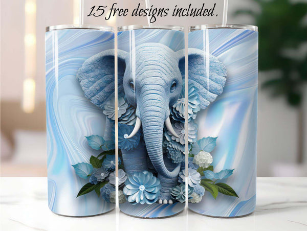 3D Baby Blue Elephant 20 oz Skinny Tumbler Sublimation Design