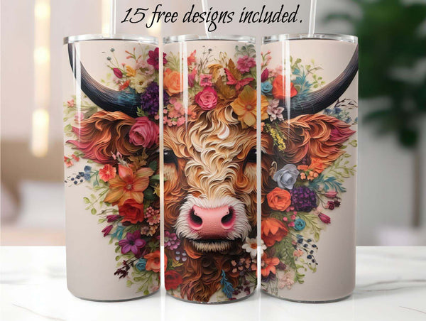 3D Baby Highland Cow 20 oz Skinny Tumbler Sublimation Design