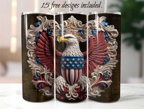 3D Bald Eagle American Pride Emblem 20 oz Skinny Tumbler Sublimation Design