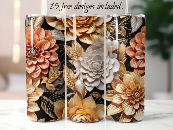 3D Copper Bronze Ivory Flowers 20 oz Skinny Tumbler Sublimation Design