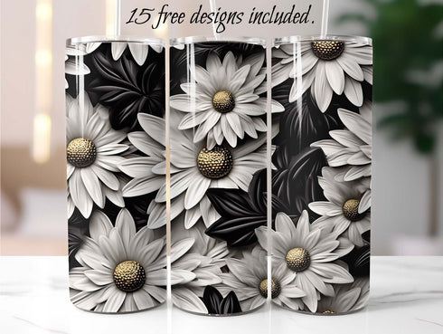 3D Daisies Black and White 20 oz Skinny Tumbler Sublimation Design