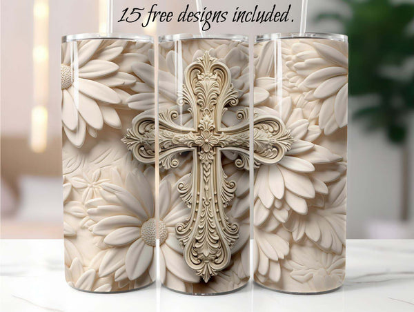 3D Daisies and Cross 20 oz Skinny Tumbler Sublimation Design