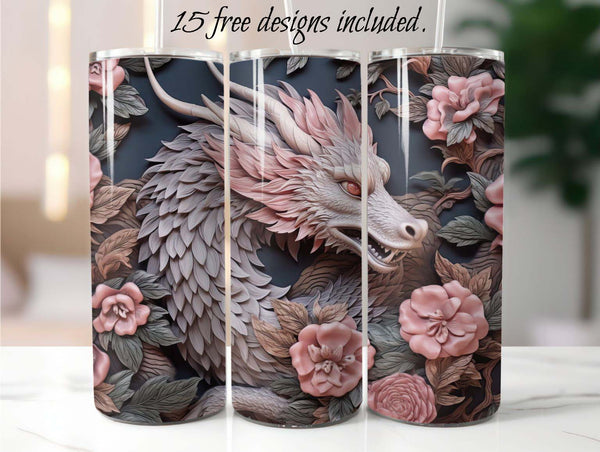 3D Dragon Pink 20 oz Skinny Tumbler Sublimation Design