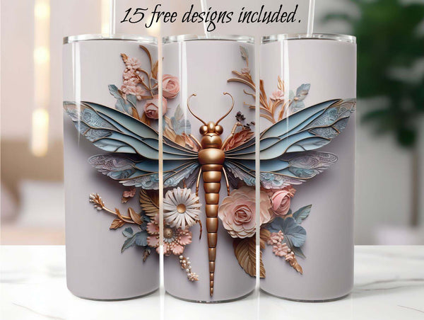 3D Dragonfly 20 oz Skinny Tumbler Sublimation Design