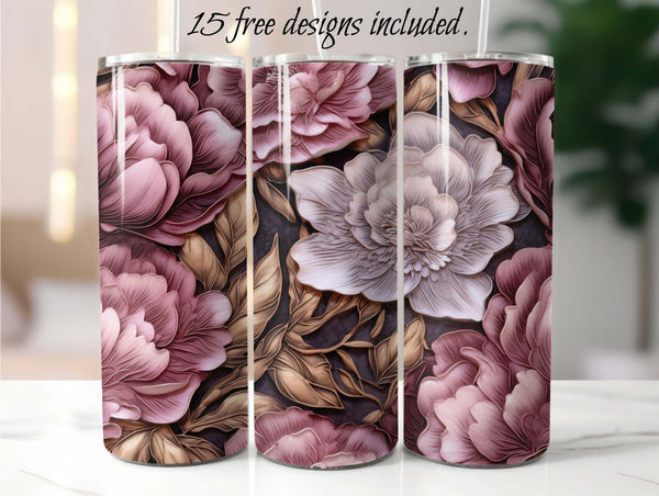 3D Enamel Peonies 20 oz Skinny Tumbler Sublimation Design