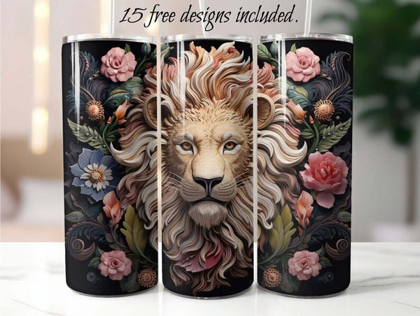 3D Floral Lion 20 oz Skinny Tumbler Sublimation Design