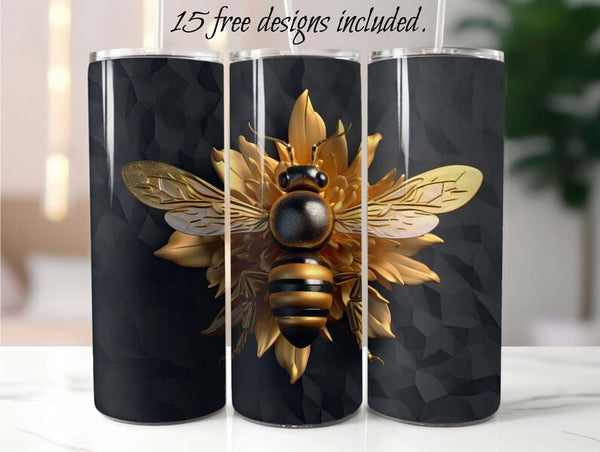 3D Gold Honey Bee 20 oz Skinny Tumbler Sublimation Design