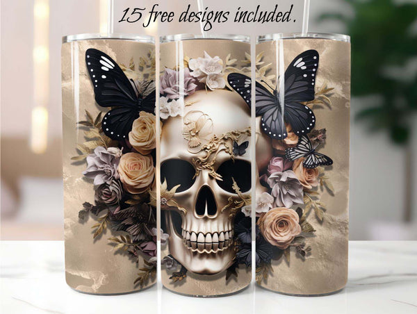 3D Gold Skull 20 oz Skinny Tumbler Sublimation Design