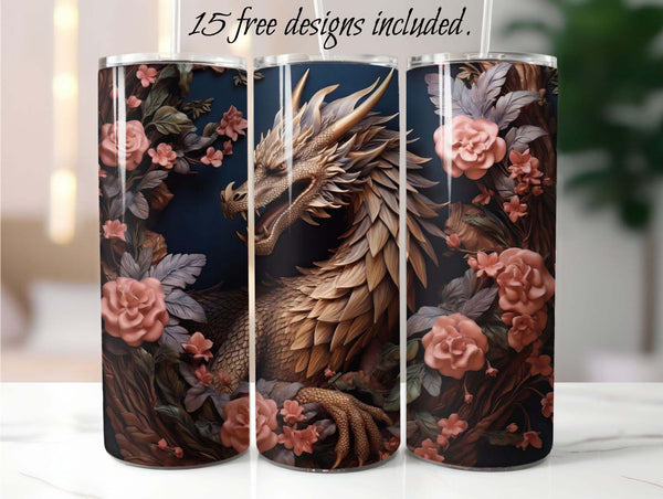 3D Golden Dragon 20 oz Skinny Tumbler Sublimation Design