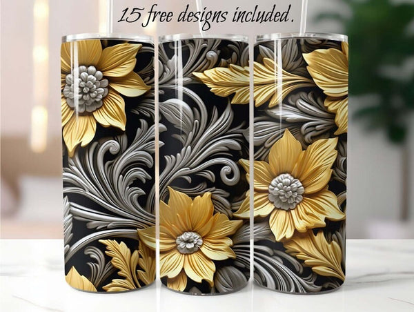3D Golden Flowers 20 oz Skinny Tumbler Sublimation Design