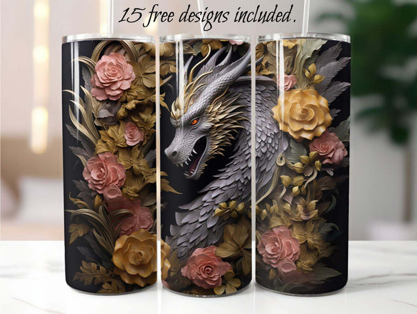 3D Gray Dragon 20 oz Skinny Tumbler Sublimation Design