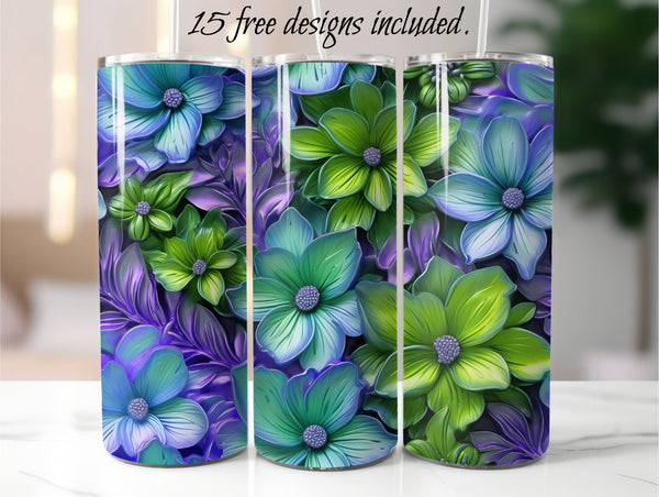 3D Green and Purple Floral 20 oz Skinny Tumbler Sublimation Design