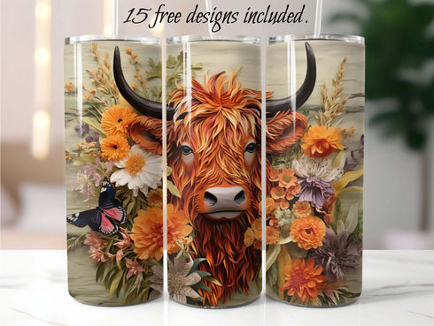 3D Highland Cow Orange 20 oz Skinny Tumbler Sublimation Design