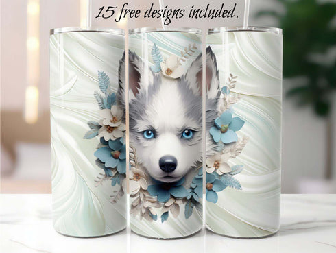 3D Husky Puppy 20 oz Skinny Tumbler Sublimation Design
