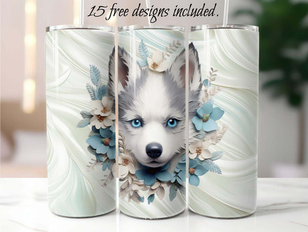 3D Husky Puppy 20 oz Skinny Tumbler Sublimation Design
