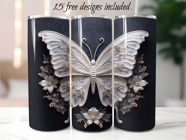 3D Ivory Butterfly 20 oz Skinny Tumbler Sublimation Design