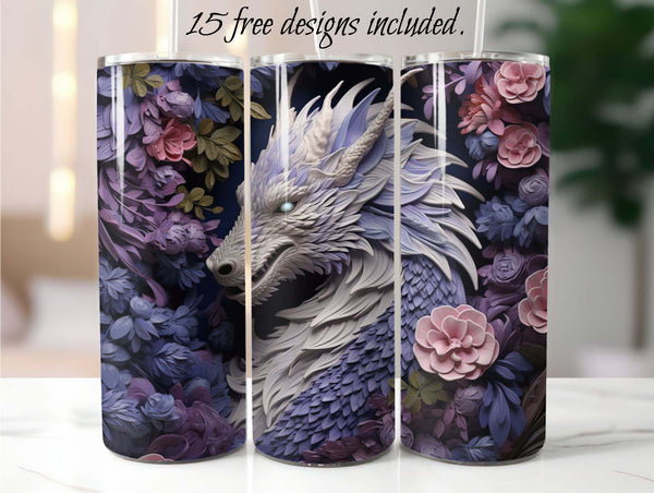 3D Lavender Dragon 20 oz Skinny Tumbler Sublimation Design.