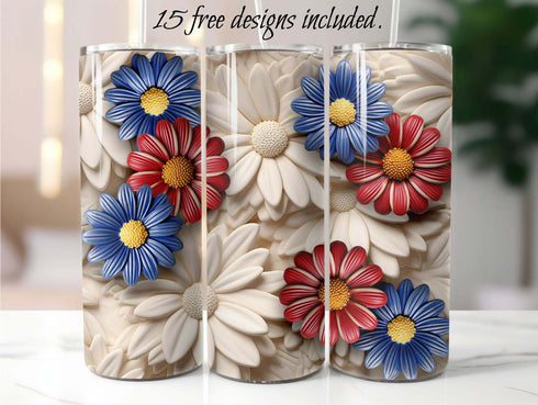 3D Patriotic Daisies 20 oz Skinny Tumbler Sublimation Design