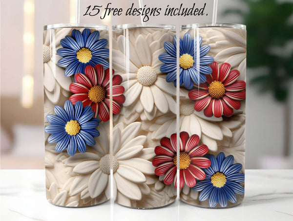 3D Patriotic Daisies 20 oz Skinny Tumbler Sublimation Design