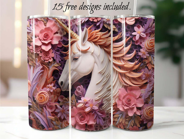 3D Peach and Pink Unicorn Floral 20 oz Skinny Tumbler Sublimation Design