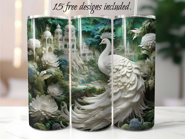 3D Peacock Forest 20 oz Skinny Tumbler Sublimation Design