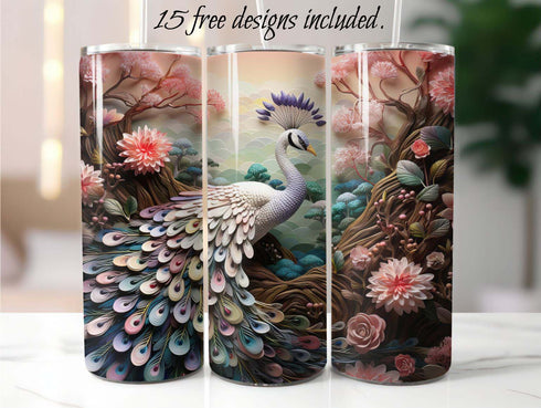 3D Peacock colorful 20 oz Skinny Tumbler Sublimation Design