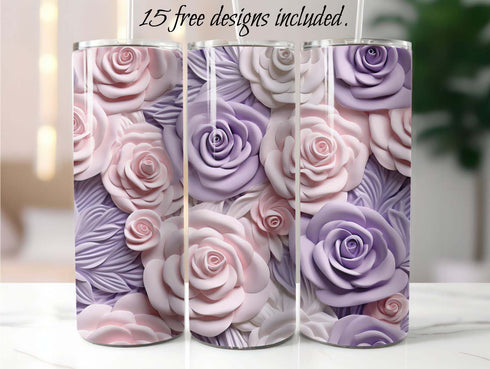 3D Pink and Lavender Roses 20 oz Skinny Tumbler Sublimation Design