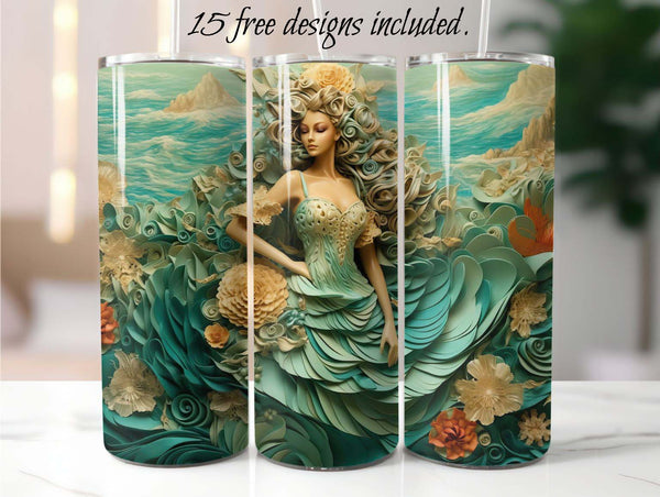 3D Sea Maiden 20 oz Skinny Tumbler Sublimation Design