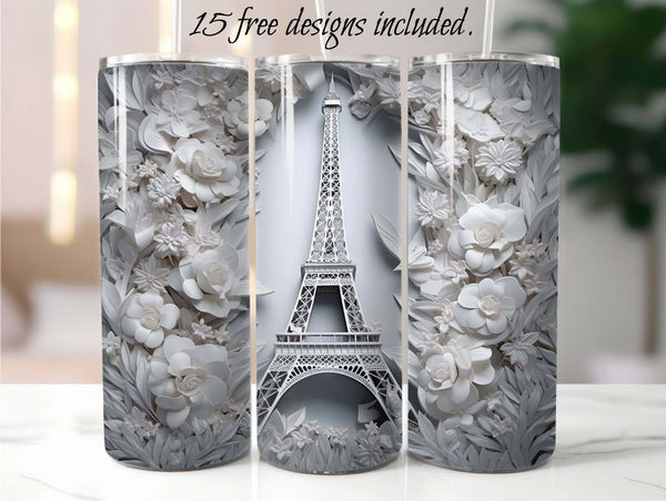 3D Silver Eiffel Tower 20 oz Skinny Tumbler Sublimation Design