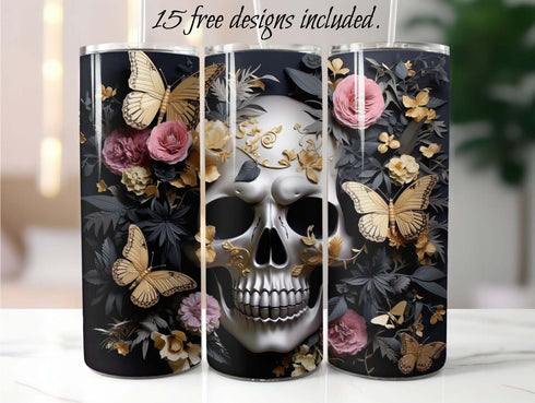 3D Silver Skull 20 oz Skinny Tumbler Sublimation Design