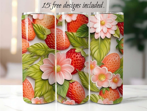 3D Strawberries 20 oz Skinny Tumbler Sublimation Design