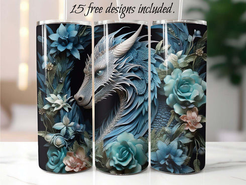 3D Teal Dragon 20 oz Skinny Tumbler Sublimation Design