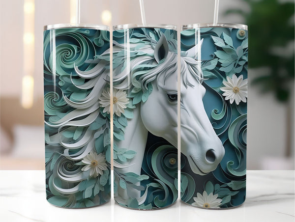 3D Teal Floral Horse 20 oz Skinny Tumbler Sublimation Design