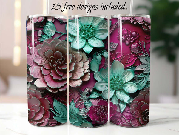 3D Teal and Magenta Flowers 20 oz Skinny Tumbler Sublimation Design