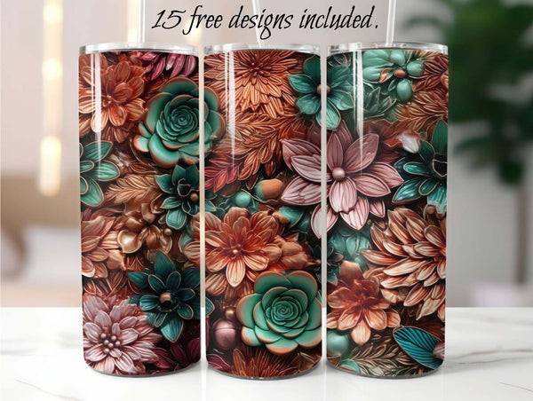 3D Turquoise and Copper Floral 20 oz Skinny Tumbler Sublimation Design