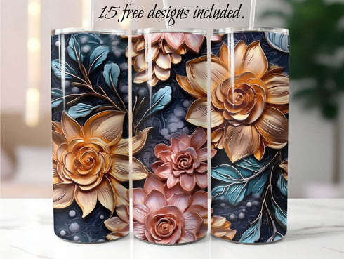 3D Turquoise and Rose Gold Floral 20 oz Skinny Tumbler Sublimation Design