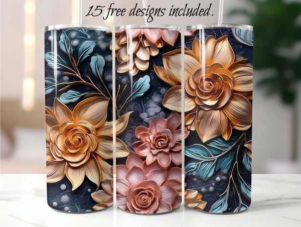 3D Turquoise and Rose Gold Floral 20 oz Skinny Tumbler Sublimation Design