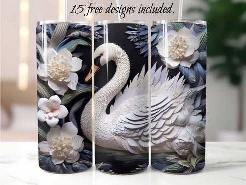 3D White Swan Floral 20 oz Skinny Tumbler Sublimation Design