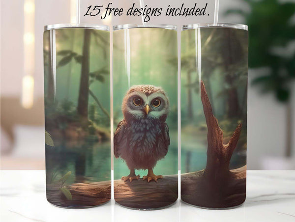 Baby Owl in Forest 20 oz Skinny Tumbler Sublimation Design