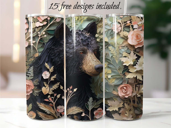 Black Bear 3D 20 oz Skinny Tumbler Sublimation Design