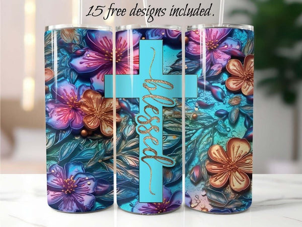 Blessed Cross 3D Flowers 20 oz Skinny Tumbler Sublimation Design
