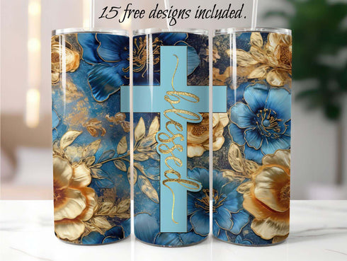 Blessed Cross Blue and Gold Flowers 20 oz Skinny Tumbler Sublimation Design