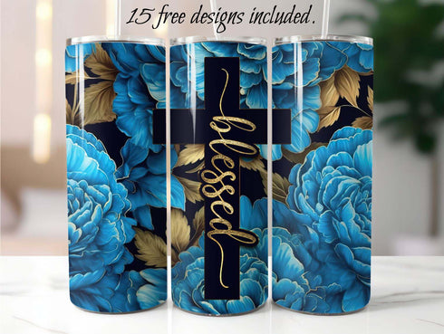 Blessed Peonies Cross 20 oz Skinny Tumbler Sublimation Design