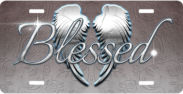 Blessed Silver Wings Blue Outline License Plate