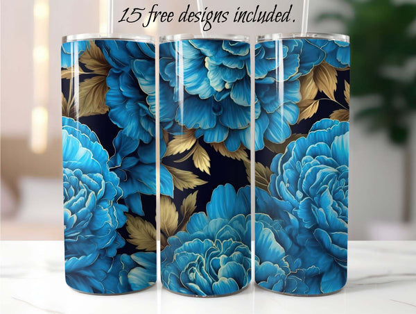 Blue Peonies 20 oz Skinny Tumbler Sublimation Design