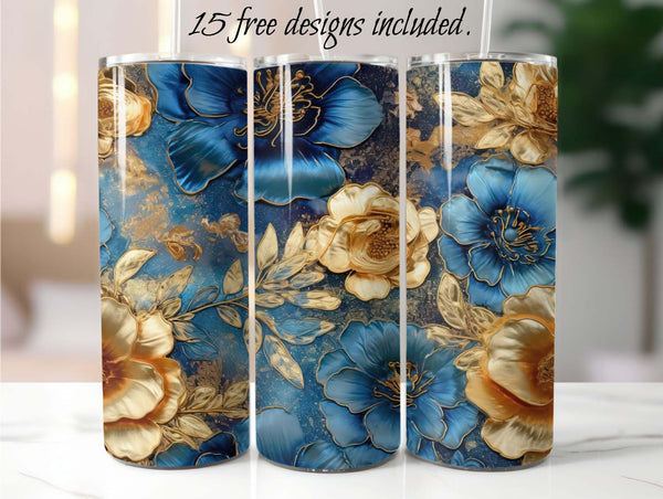 Blue and Gold Enamel Flowers 20 oz Skinny Tumbler Sublimation Design