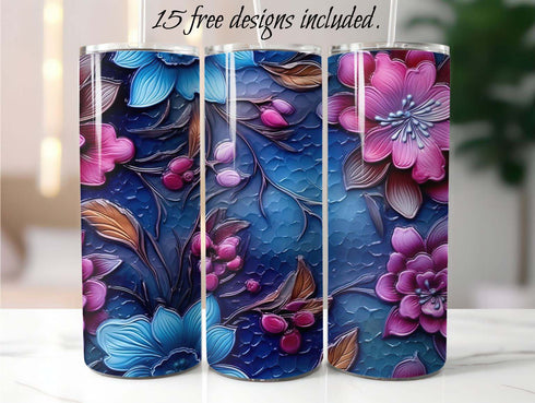 Blue and Pink Enamel 3D Floral 20 oz Skinny Tumbler Sublimation Design