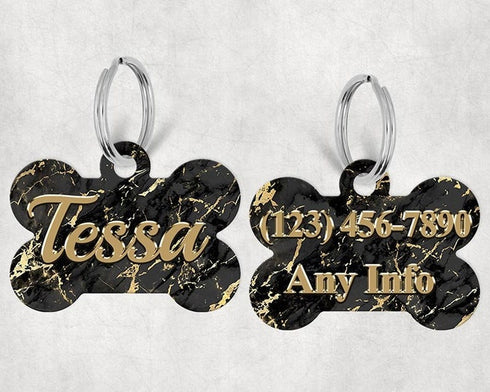 Bone Shape Dog Tag Black and Gold Marble