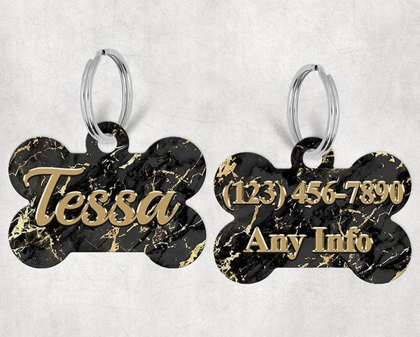 Bone Shape Dog Tag Black and Gold Marble