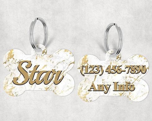 Bone Shape Dog Tag White and Gold Marble
